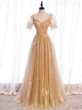 Gold tulle v neck long prom dress gold tulle formal dress HZ1024