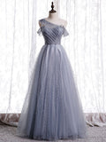 Gray one shoulder tulle long prom dress gray tulle evening dress HZ1024