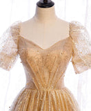 Gold tulle v neck long prom dress gold tulle formal dress HZ1024