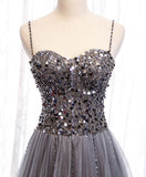 Gray sweetheart neck tulle sequin beads long prom dress HZ1024
