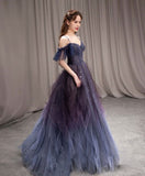 Dark starry sky purple tulle long prom dress purple evening dress HZ1024