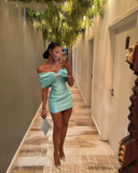16th Birthday Off The Shoulder Homecoming Dresses Tiffany Blue Mini Bowknot Party Dress HZ1024