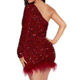 Sparkly One Shoulder Bodycon Velvet Feather Sequin Party Dress Red Homecoming Dresses HZ1024
