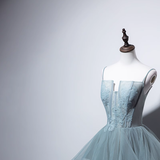 Simple A line Spaghetti Straps Grey Blue Floor Length Prom Dresses HZ1024