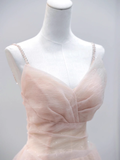 Simple A line Straps Floor Length Tulle Pink Long Prom Dresses HZ1024