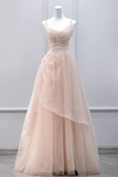 Simple A line Straps Floor Length Tulle Pink Long Prom Dresses HZ1024