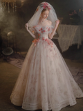 Beautiful A line Off The Shoulder Tulle Floral Wedding Dresses HZ1024