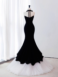 Mermaid Sleeveless Black Tulle Velvet Prom Dress HZ1024