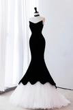 Mermaid Sleeveless Black Tulle Velvet Prom Dress HZ1024