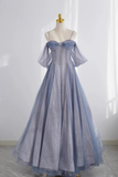 Cute A line Off The Shoulder Blue Tulle Prom Dress HZ1024