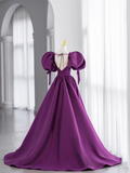 Ball Gown Short Sleeves Grape Satin Long Prom Dresses HZ1024