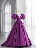 Ball Gown Short Sleeves Grape Satin Long Prom Dresses HZ1024