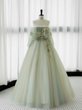 Ball Gown Short Sleeves Tulle Green Long Prom Dresses HZ1024