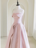 A-Line Satin Tulle Pink Long Prom Dress With Pearls HZ1024