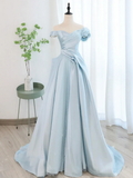 A-Line Light Sky Blue Satin Tulle Long Prom Dres HZ1024