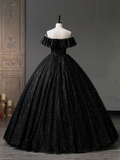 Simple A-Line Sweetheart Neck Tulle Sequin Black Long Prom Dress HZ1024