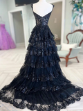 Cute A-Line Sweetheart Neck Tulle Sequin Black Long Prom Dress HZ1024