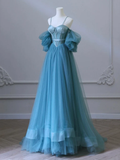 Simple A-Line Sweetheart Neck Tulle Blue Long Prom Dress HZ1024