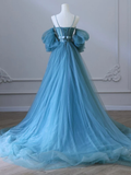 Simple A-Line Sweetheart Neck Tulle Blue Long Prom Dress HZ1024