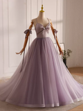 A-Line V Neck Tulle Beads Lilac Long Prom Dress HZ1024