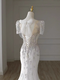 Luxury Mermaid Short Sleeves White Long Wedding Dresses HZ1024
