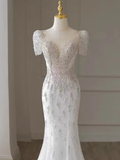 Luxury Mermaid Short Sleeves White Long Wedding Dresses HZ1024
