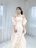 Vintage Mermaid Short Sleeves White Long Wedding Dresses HZ1024