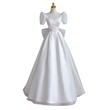 Princess A line White Satin Long Wedding Dresses HZ1024