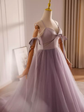 Modest A line Straps Tulle Long Lilac Prom Dress HZ1024