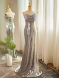 Modest Mermaid Strapless Sequin Long Silver Prom Dress HZ1024