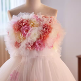 Vintage Ball Gown Strapless Pink Tulle Florwers Sweet 16 Dresses HZ1024