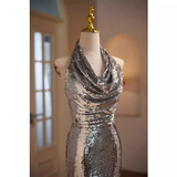 Modest Mermaid Halter Sequin Long Silver Prom Dress HZ1024