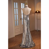 Modest Mermaid Halter Sequin Long Silver Prom Dress HZ1024