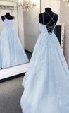 Simple A-Line Spaghetti Straps Lace Light Sky Blue Backless Long Prom Dress HZ1024