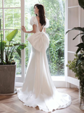 Simple Puff Sleeves Satin Mermaid White Long Prom Dress HZ1024