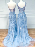 Sexy Sleeveless Light Sky Blue Lace Long Prom Dress HZ1024