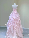 Fairy A Line Sleeveless Pink Long Floral Prom Dress HZ1024