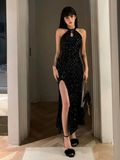 Charming Mermaid Halter Black Sequin Long Slit Prom Dress HZ1024