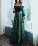 Simple A line Straps Long Sleeves Green Sequin Prom Dress HZ1024