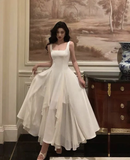 Vintage A line Straps White Long Prom Dress HZ1024