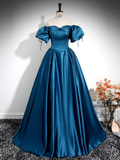 Simple A-Line Puff Sleeves Satin Peacock Blue Long Prom Dresss HZ1024