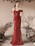 Simple Off Shoulder Sequin Mermaid Burgundy Long Prom Dress HZ1024