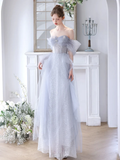 Simple A-Line Off Shoulder Tulle Sequin Gray Long Prom Dress HZ1024