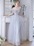 Simple A-Line Off Shoulder Tulle Sequin Gray Long Prom Dress HZ1024