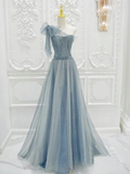 A-Line One Shoulder Tulle Sequin Gray Blue Long Prom Dress HZ1024