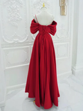 Red A-Line Off Shoulder Satin Long Prom Dress HZ1024