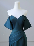 Simple Off Shoulder Satin Ink Blue Long Prom Dress HZ1024