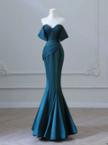 Simple Off Shoulder Satin Ink Blue Long Prom Dress HZ1024