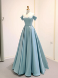A-Line Off Shoulder Satin Blue Long Prom Dress HZ1024