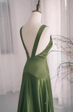 Green Satin V-Neckline Low Back Prom Dress HZ1024